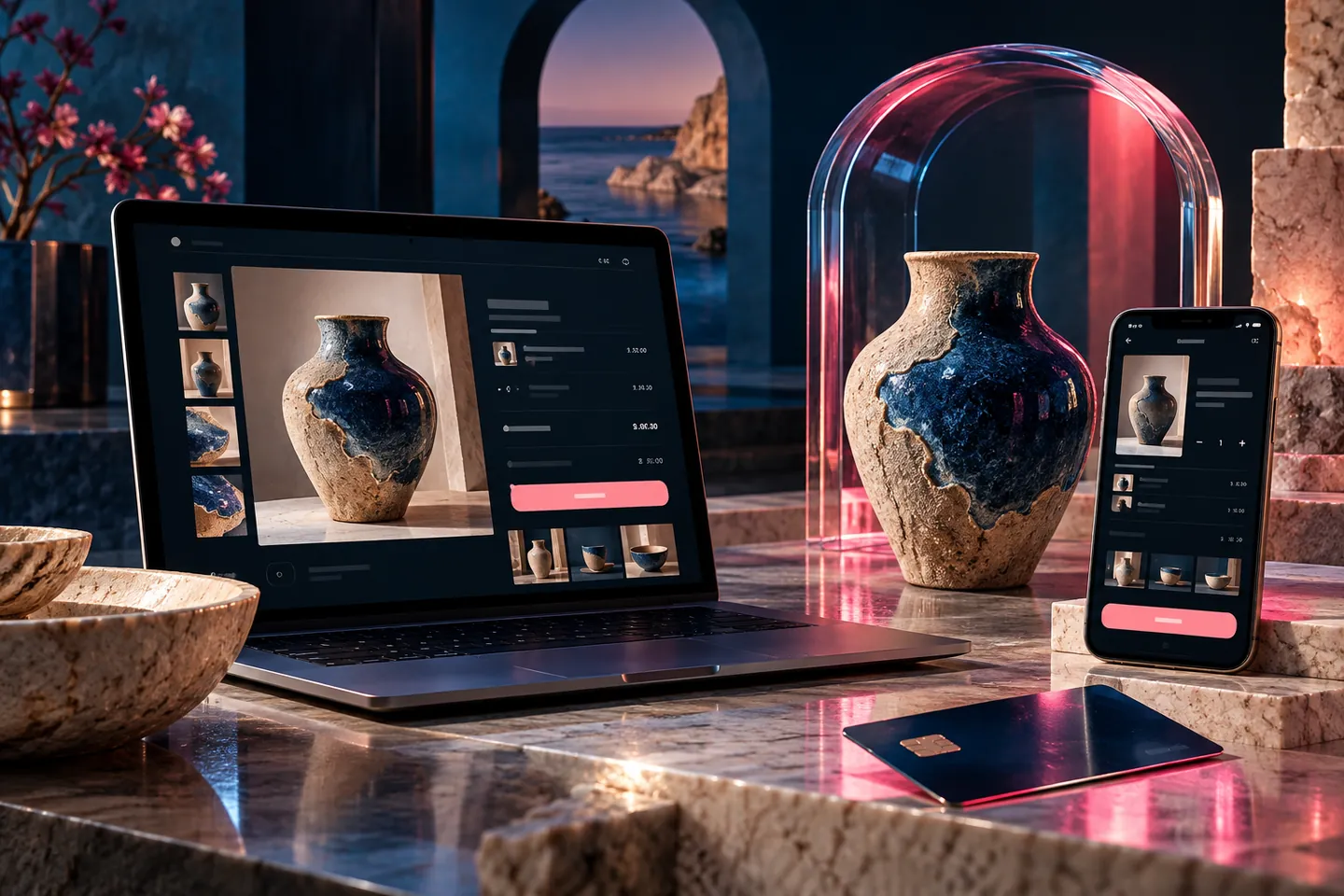 Illustrative ceramics-store checkout on a laptop and mobile with an unbranded payment card
