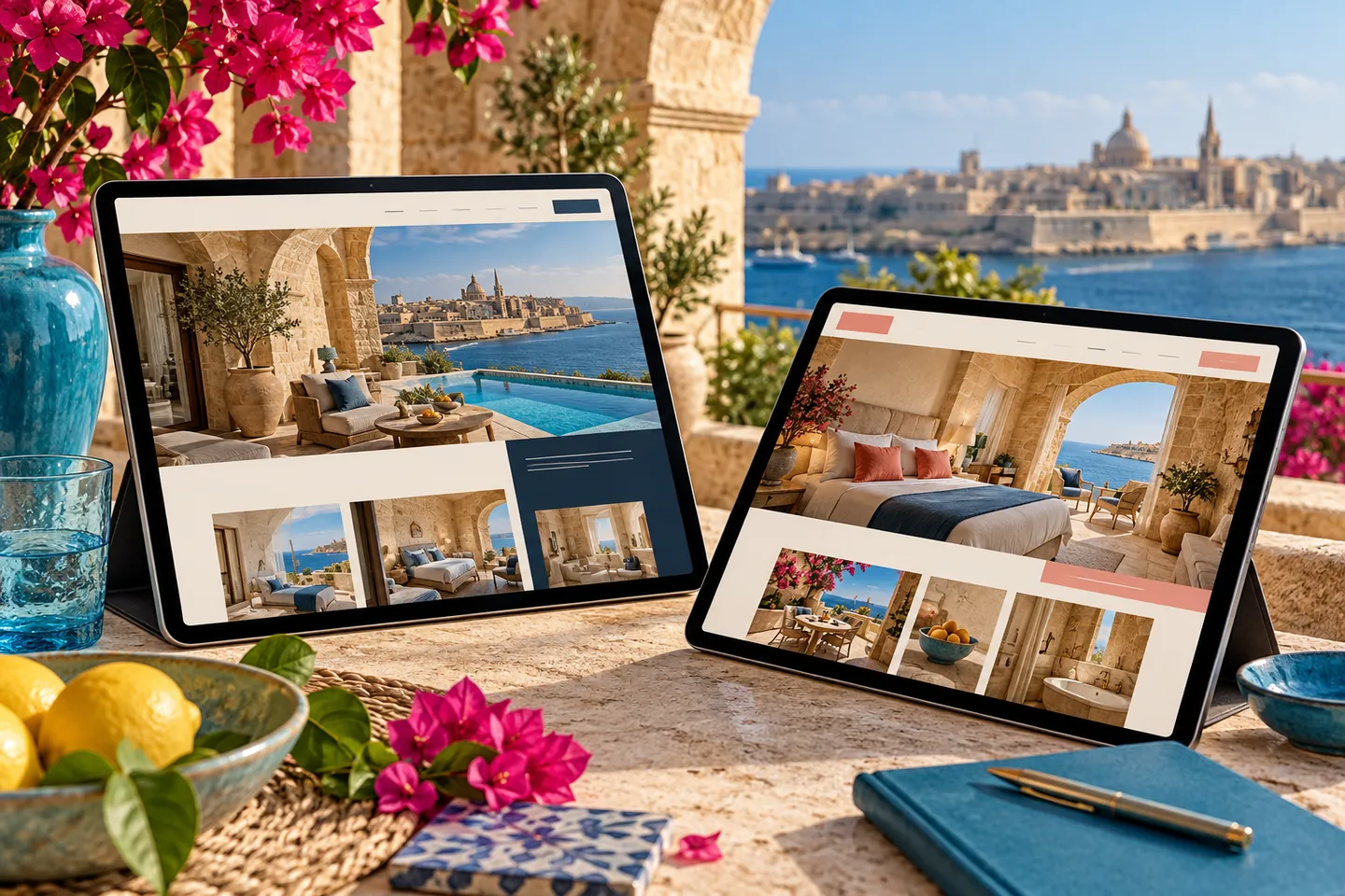 Illustrative paired language versions of a fictional Malta hotel website on two tablets