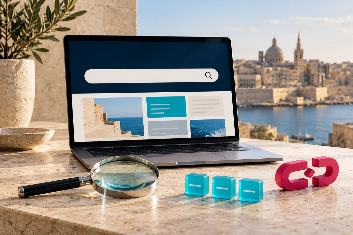 Concept illustration of website search diagnostics using a laptop, magnifying lens and status blocks