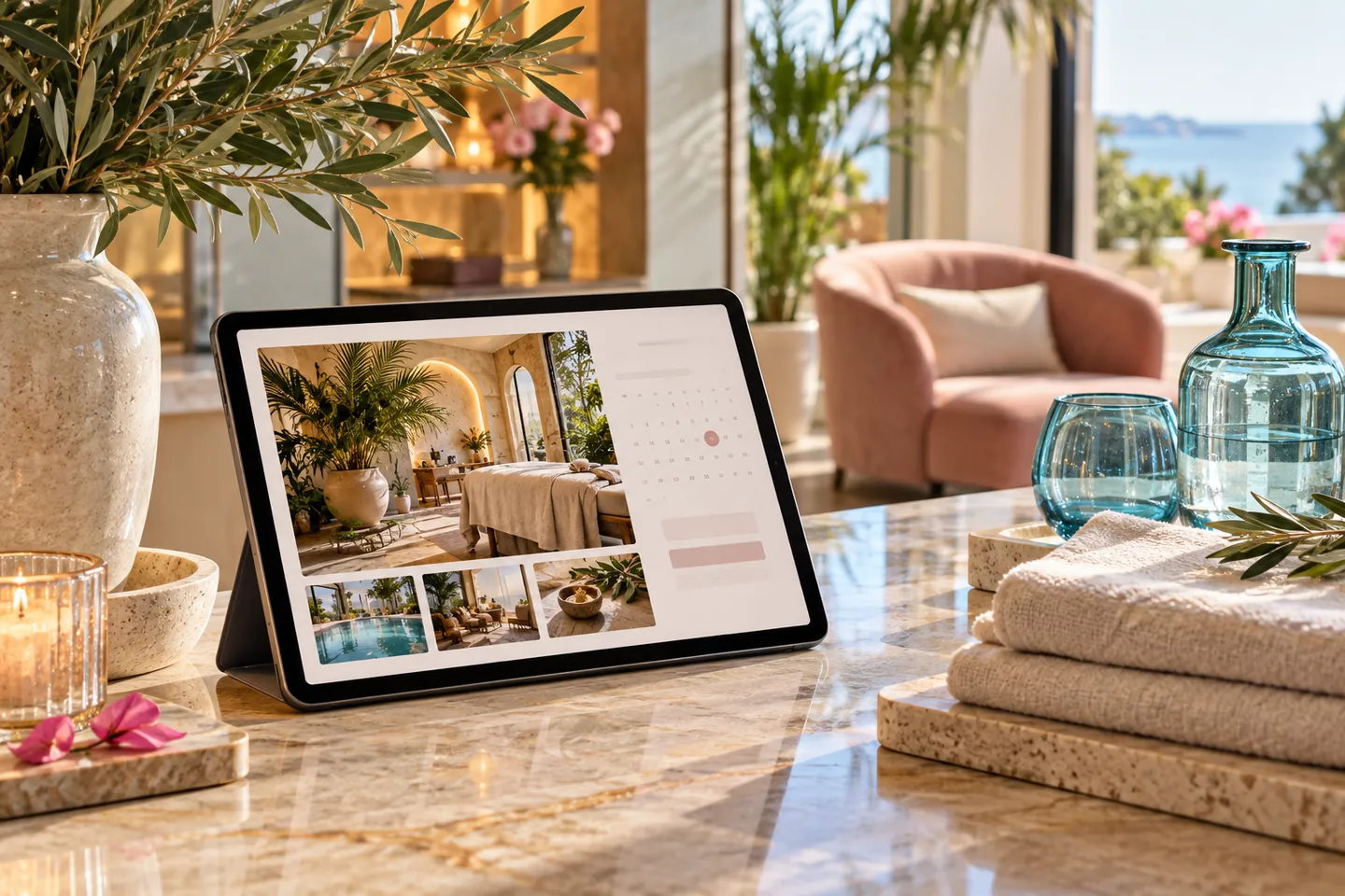 Illustrative wellness reception with a fictional appointment-booking website, linen and botanical details