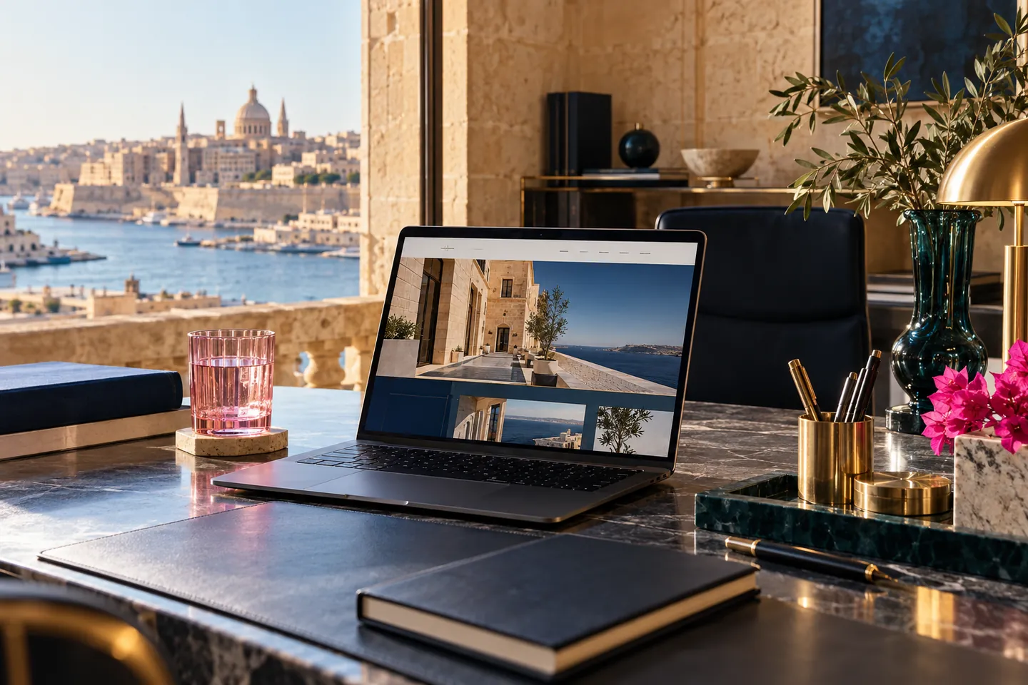 Illustrative Malta corporate workspace with a fictional advisory website and professional stationery