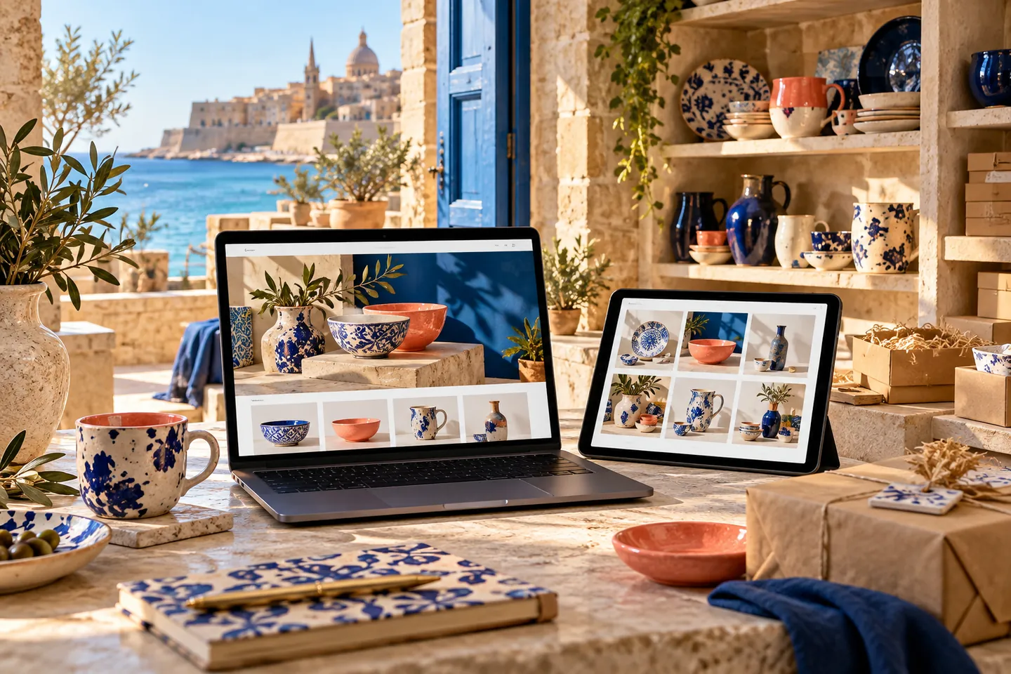Illustrative artisan shop with a fictional ecommerce website, product inventory and packed orders