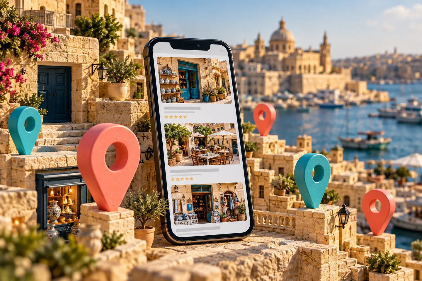 Illustrative local-business discovery on a phone among miniature Maltese streets and location pins