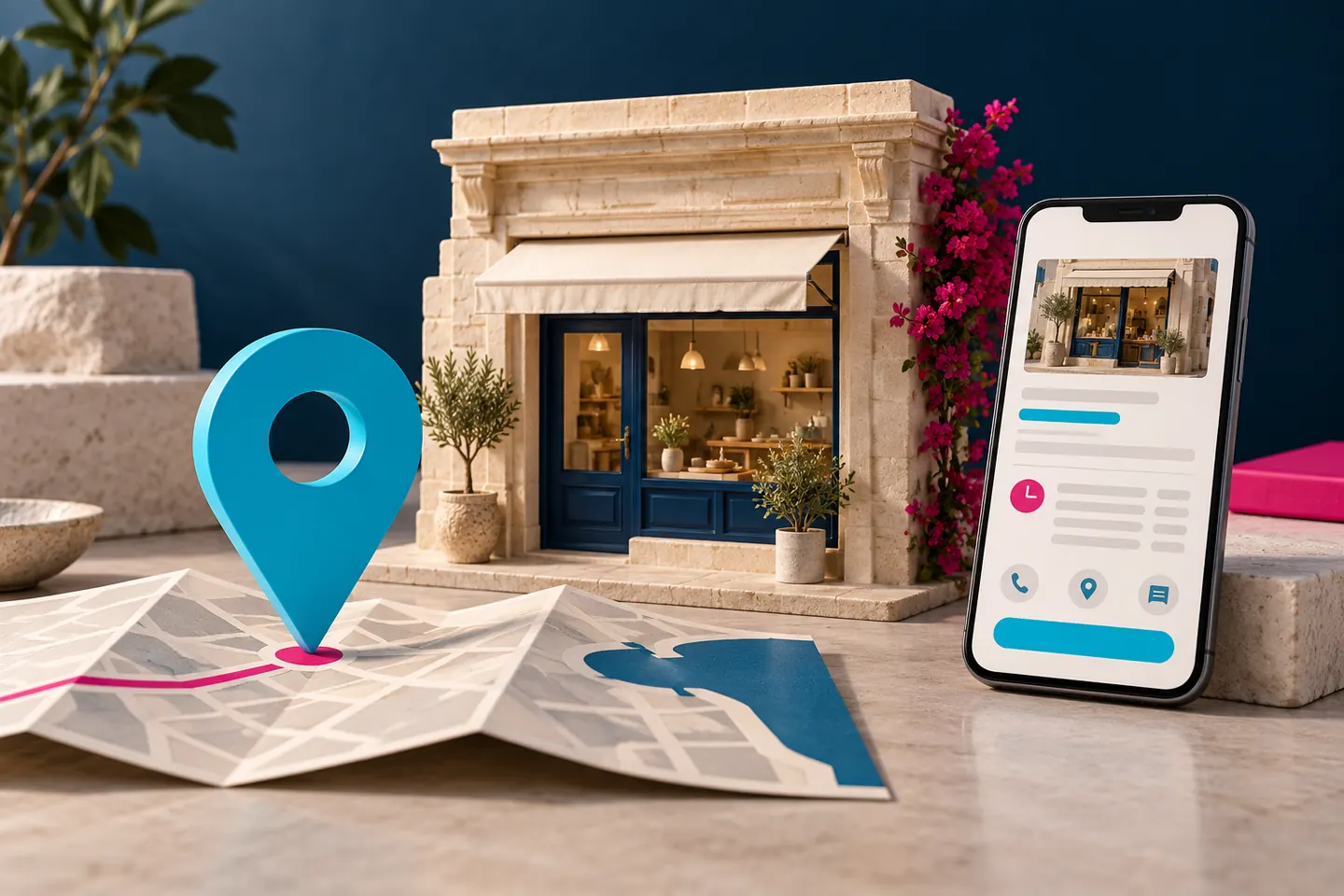 Concept illustration of a fictional limestone shop, a location pin and a generic business information card