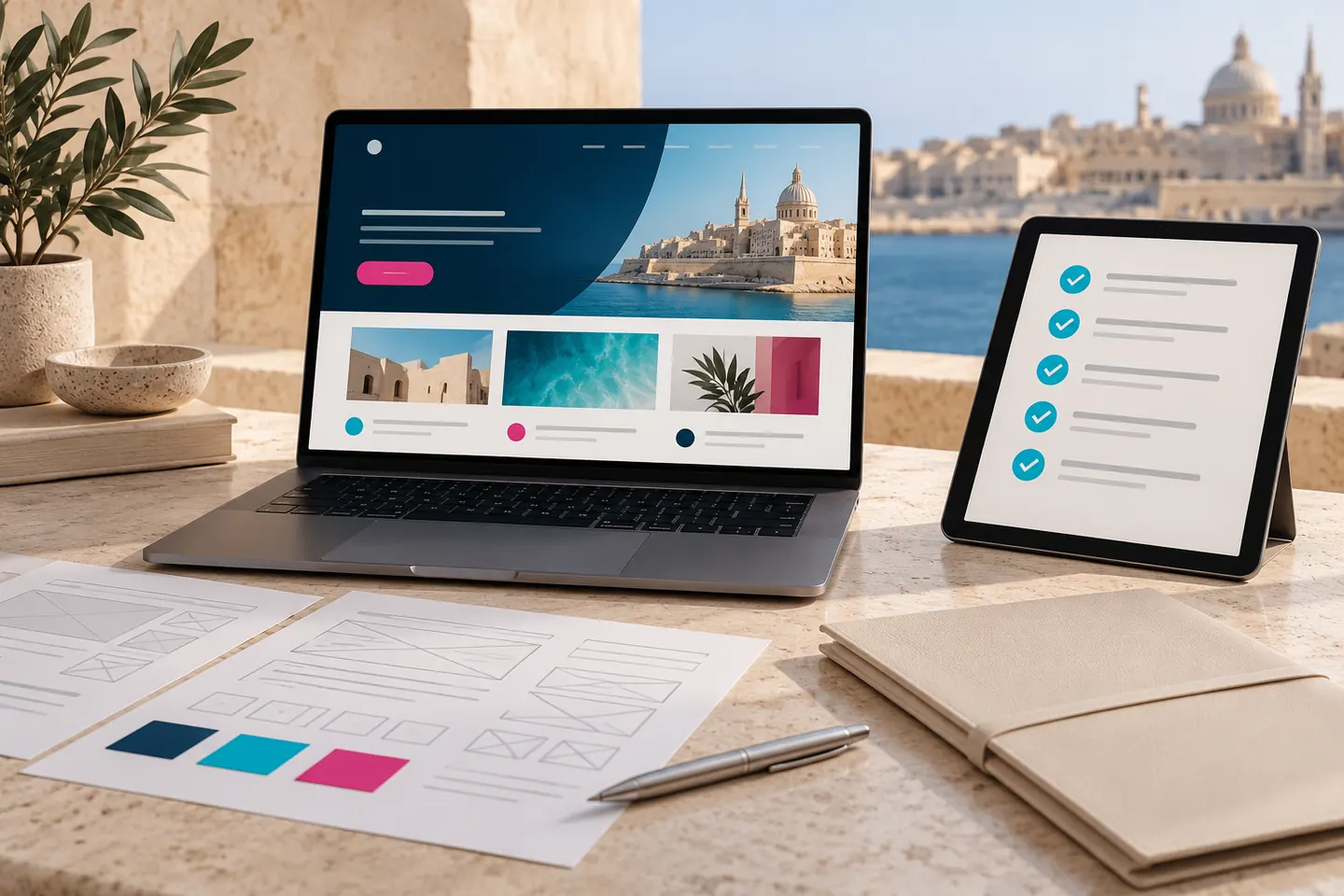 Concept illustration of website proposals, wireframes and a designer selection checklist beside a laptop