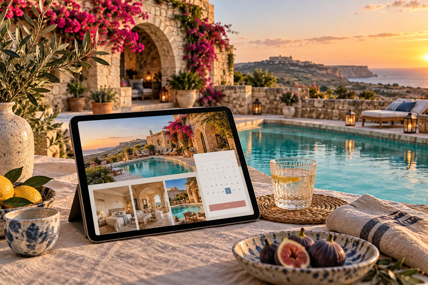 Illustrative Gozo-inspired farmhouse and pool with a fictional direct-booking website on a tablet