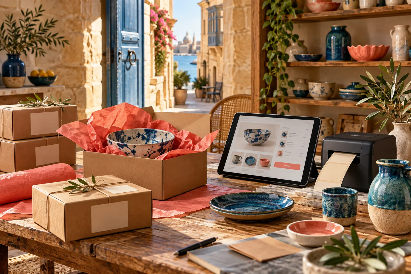 Illustrative Malta boutique dispatch station with parcels, label printer and fictional order interface