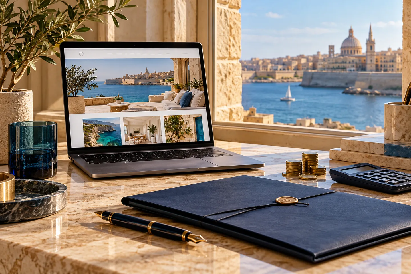 Illustrative Malta workspace with a fictional business website, project documents and budgeting tools