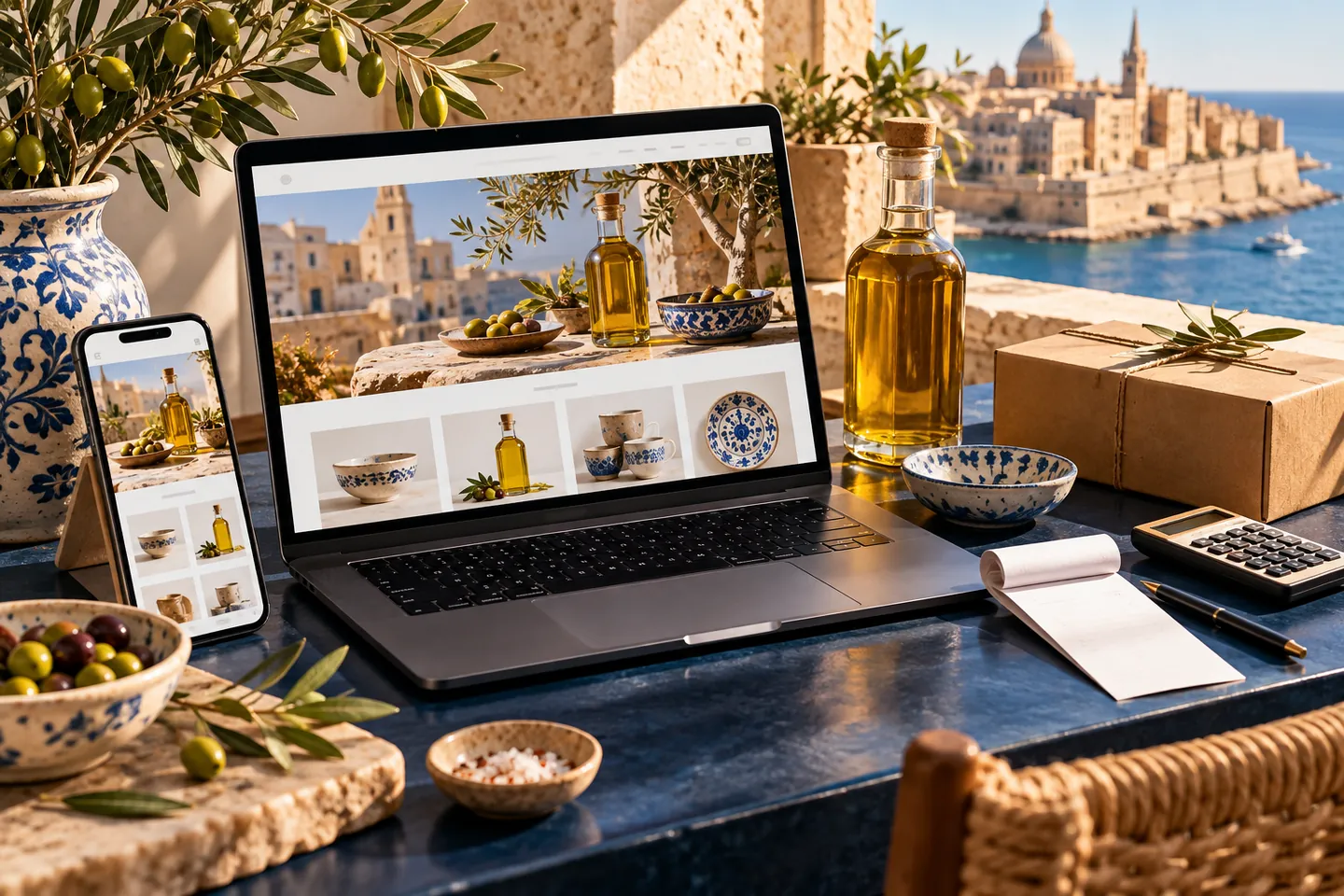 Illustrative fictional artisan online shop on a laptop and phone beside products and order paperwork