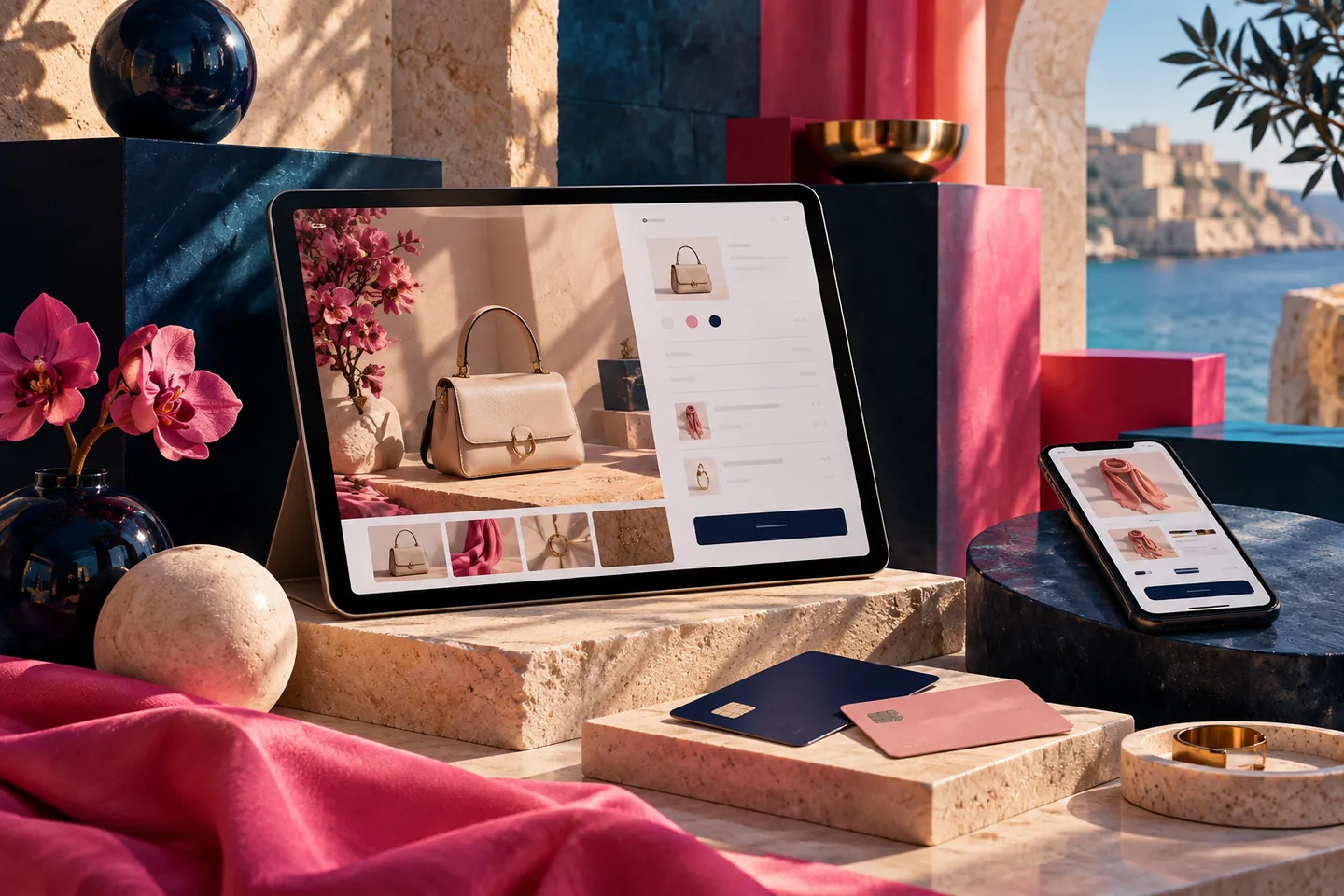 Illustrative fictional fashion-shop checkout on a tablet and phone beside unbranded payment cards