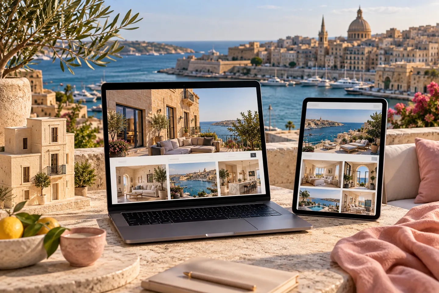 Illustrative fictional Malta property-search website on devices beside a Mediterranean harbour