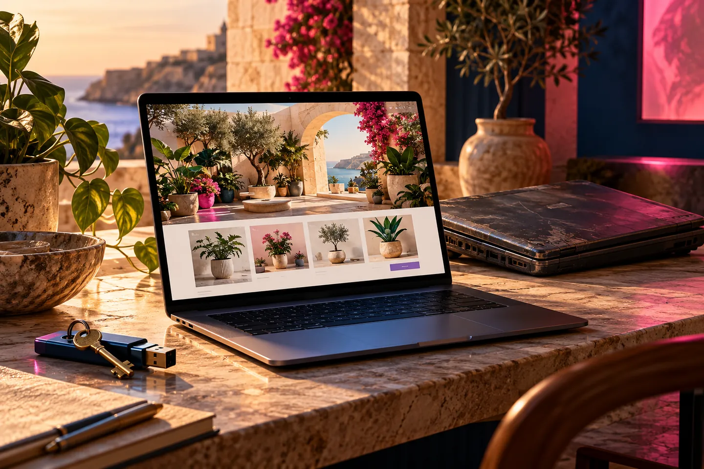 Illustrative website recovery scene with a restored fictional shop, backup drive and older laptop