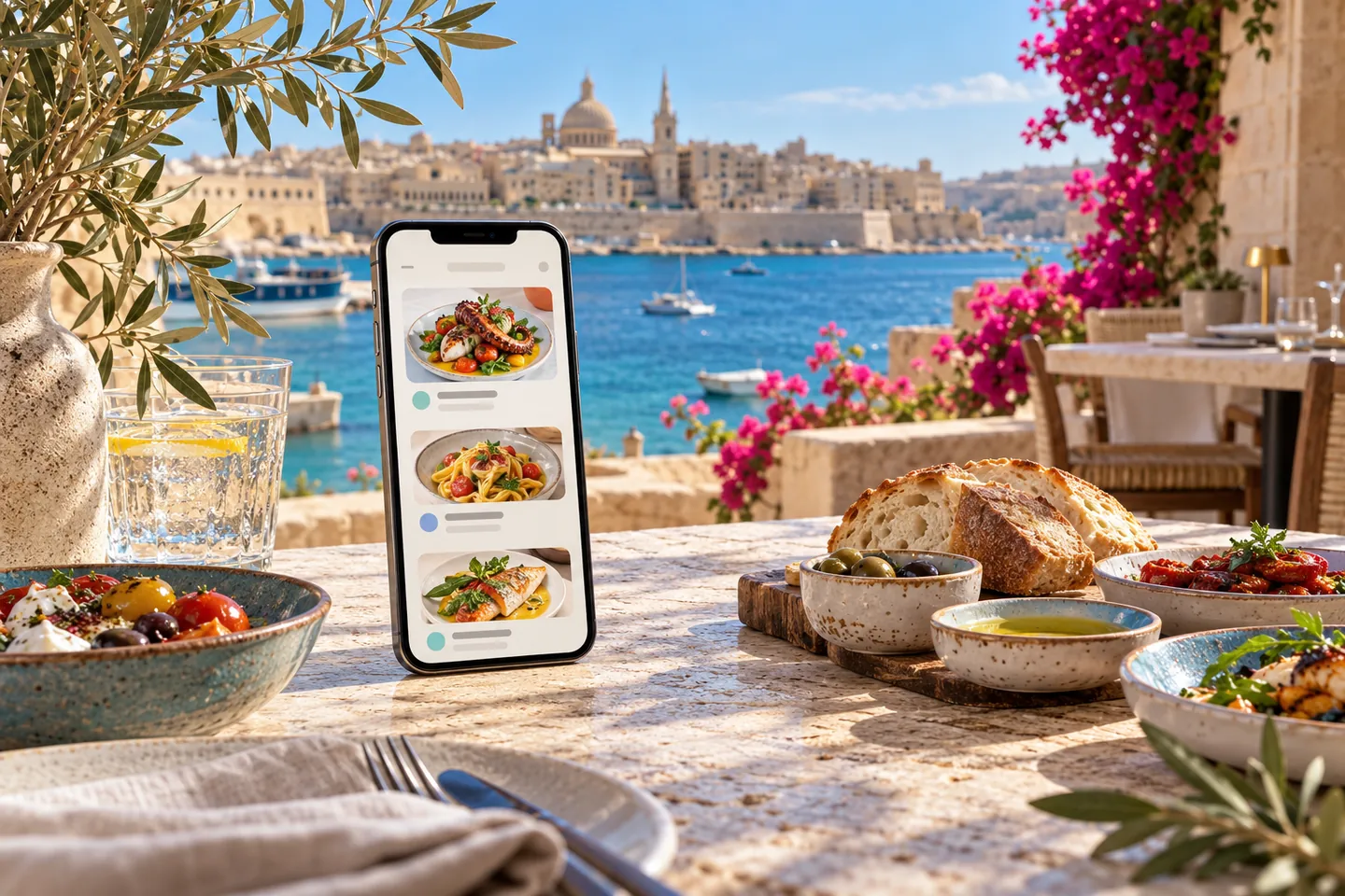Téléphone affichant une carte de restaurant fictive sur une terrasse portuaire maltaise