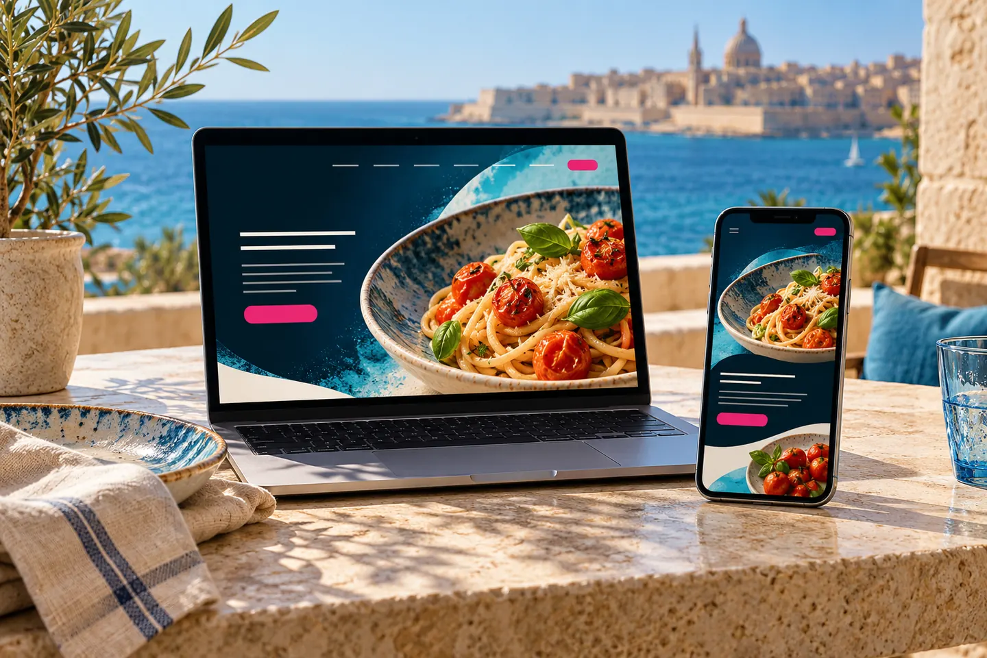 Illustrative restaurant website concept on a laptop and phone beside Mediterranean food and tableware