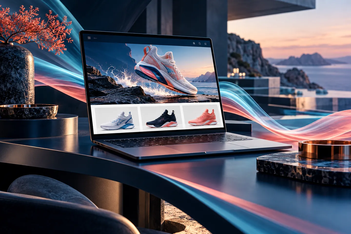Illustrative fictional sneaker-shop website on a laptop with flowing cyan and pink ribbons suggesting speed