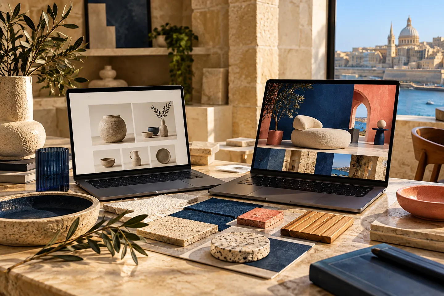 Illustrative comparison of two fictional ecommerce designs on laptops with physical design swatches