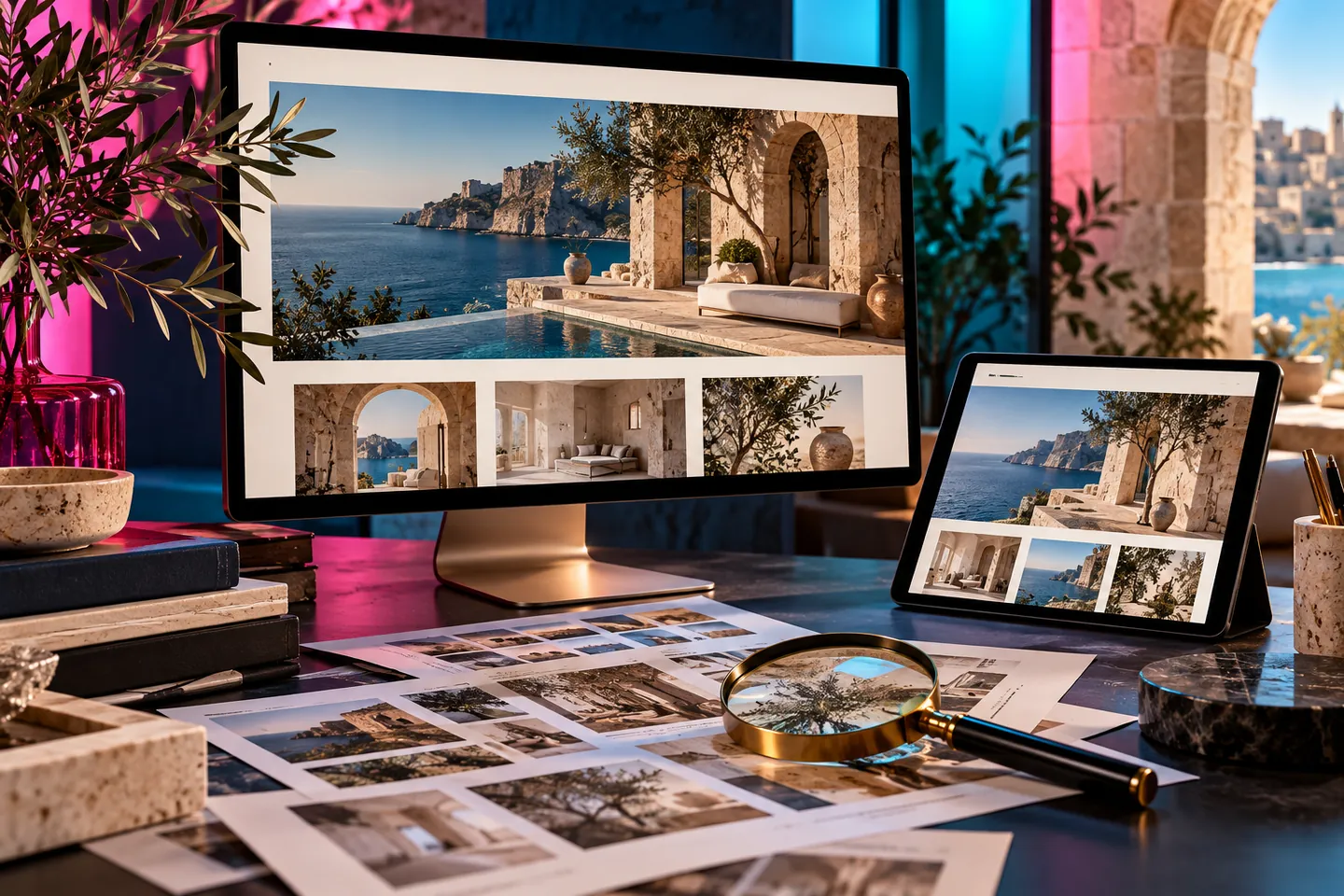 Illustrative portfolio review with a fictional interior-design website, tablet and photographic samples
