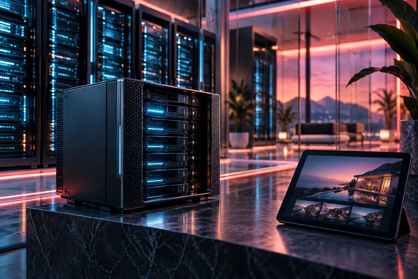 Illustrative hosting scene with a compact server, illuminated server racks and a fictional website on a tablet