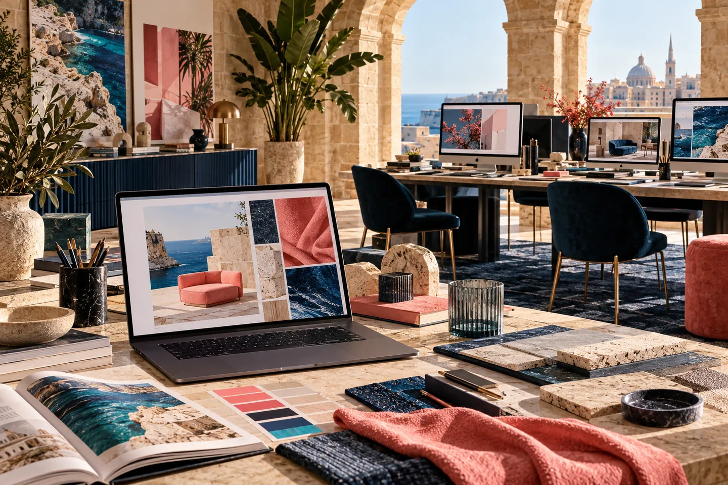 Illustrative individual and collaborative web design workspaces with fictional website screens