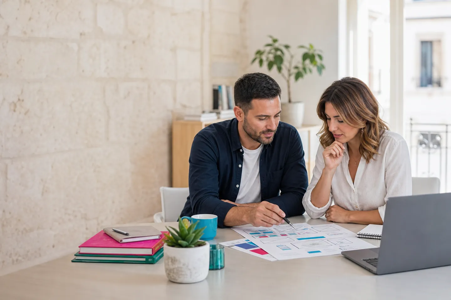 A Maltese business owner and web designer reviewing website plans in a bright studio