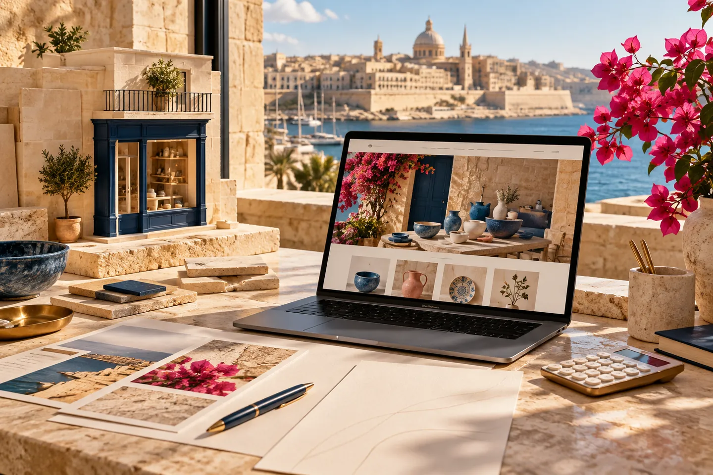Illustrative Malta business planning desk with a fictional shop website and project documents