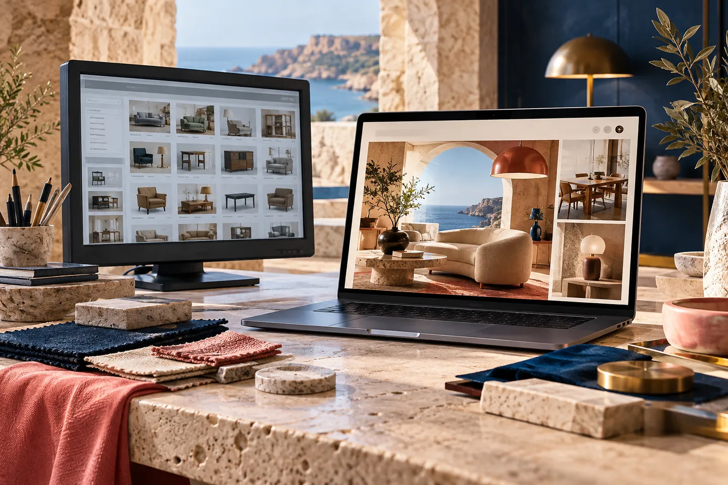 Illustrative comparison of an older furniture website and a refined fictional redesign on two screens