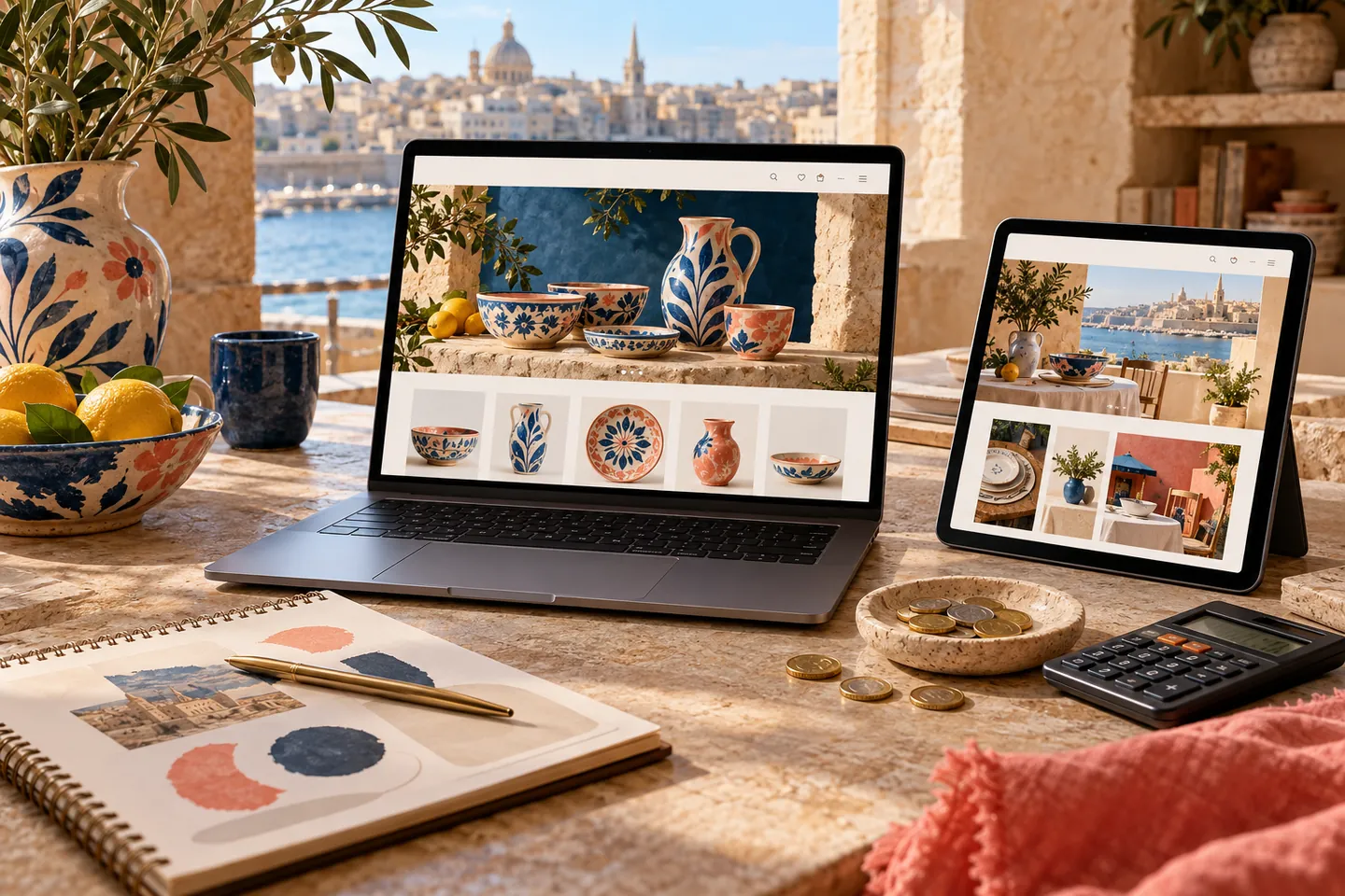 Illustrative laptop and tablet showing a fictional ceramics shop beside website-budget planning tools