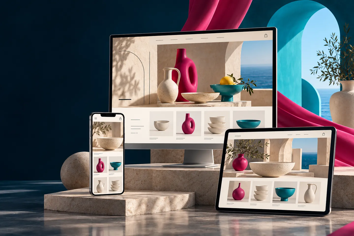 Imaginary homeware online shop shown on a desktop monitor, tablet and mobile phone