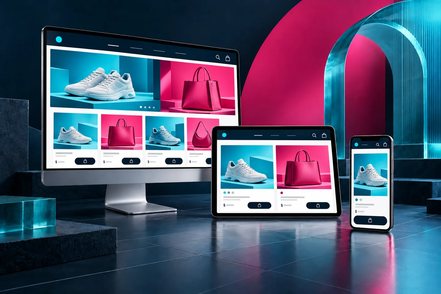 Imaginary sneaker and bag storefront with product cards on desktop, tablet and mobile screens