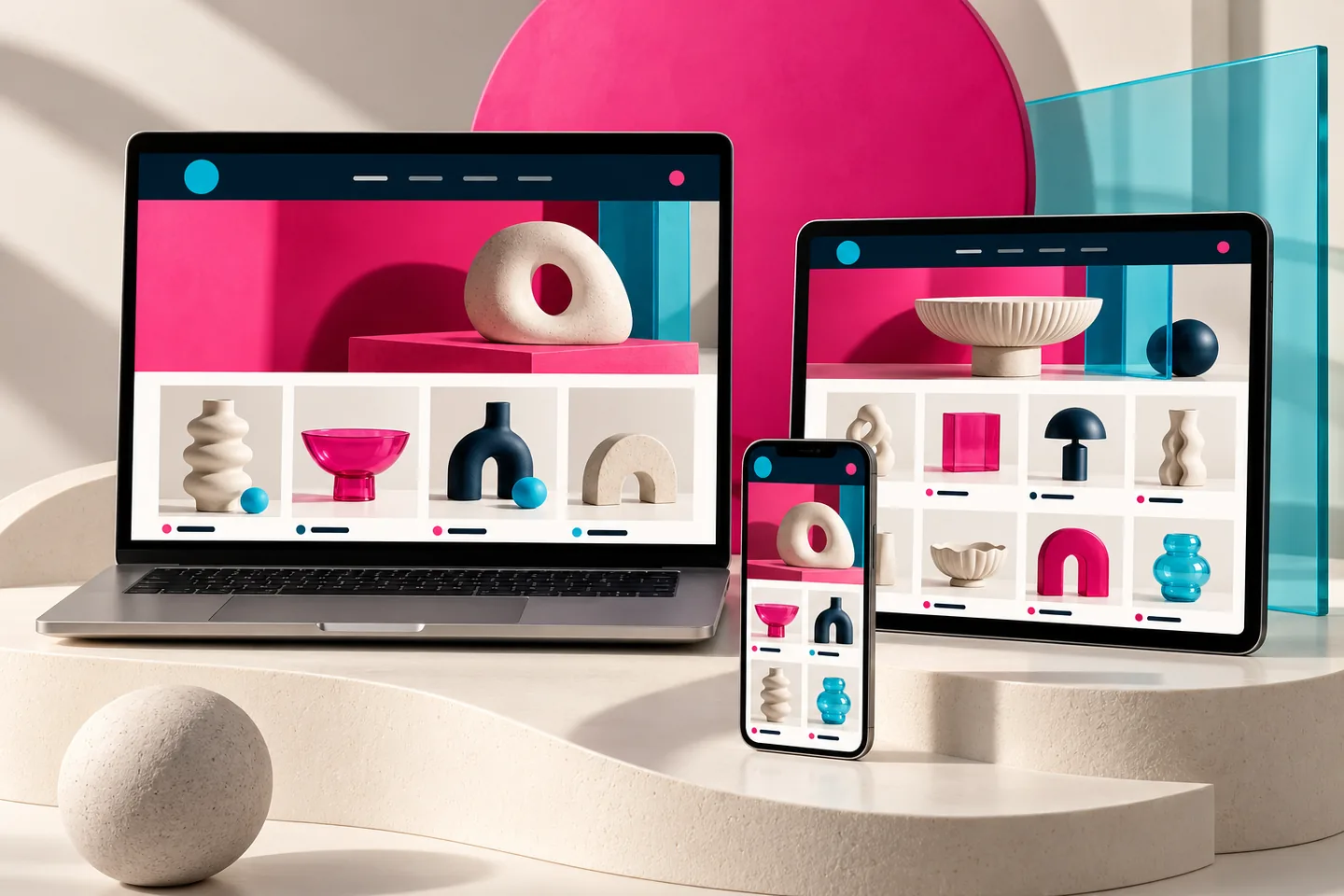 Fictional homeware shop with sculptural product grids on a laptop, tablet and mobile phone