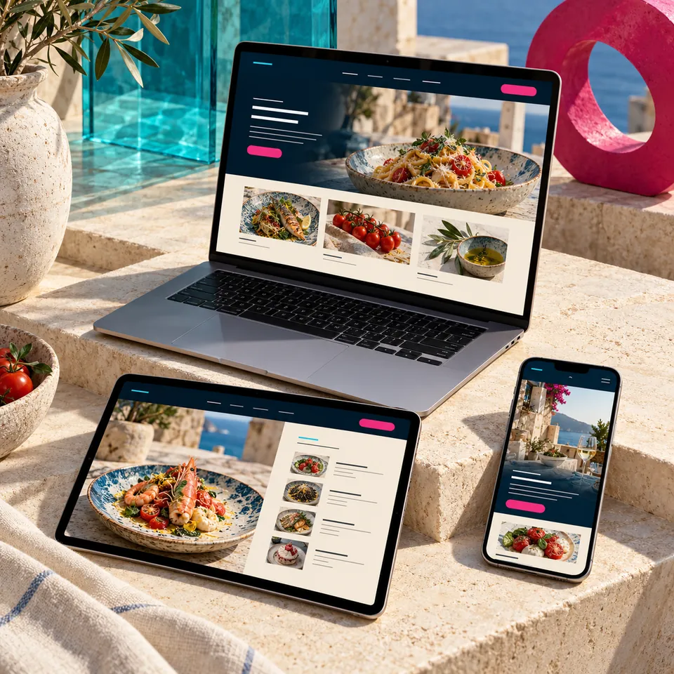Fictional Mediterranean restaurant website on a laptop, tablet and phone